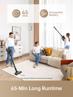 Load image into Gallery viewer, Dreame R10 Pro cordless vacuum showcasing 65-minute runtime and swappable battery feature.