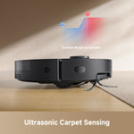 Load image into Gallery viewer, Side view of Dreame D20 Pro Plus robot vacuum and mop highlighting ultrasonic carpet detection and boosted suction.