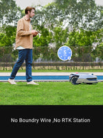 Load image into Gallery viewer, Man using Dreame Roboticmower A1 on lawn, showcasing wireless boundary setup features.