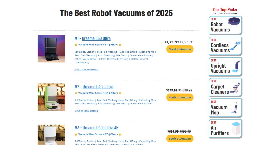 "Best Robot Vacuum of 2025" by Vacuum Wars — Dreame L50 Ultra Robot Vacuum Ranks #1