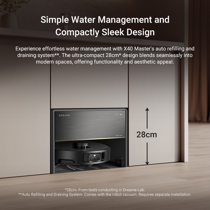 Dreame X40 Master Robot Vacuum with sleek 28cm compact base station design