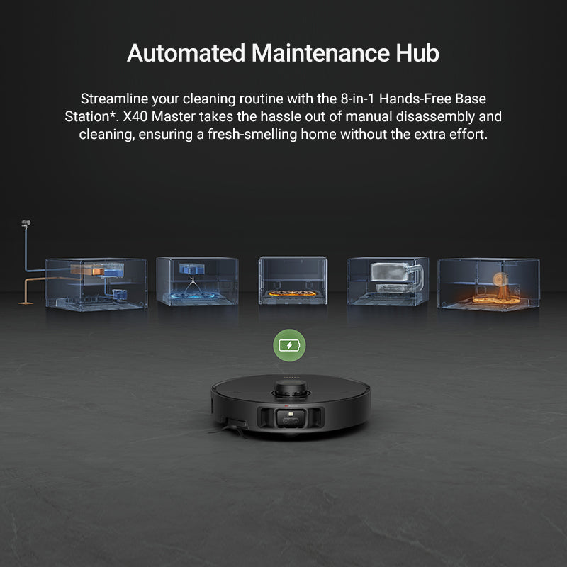 Dreame X40 Master Robot Vacuum with automated maintenance hub for effortless cleaning.