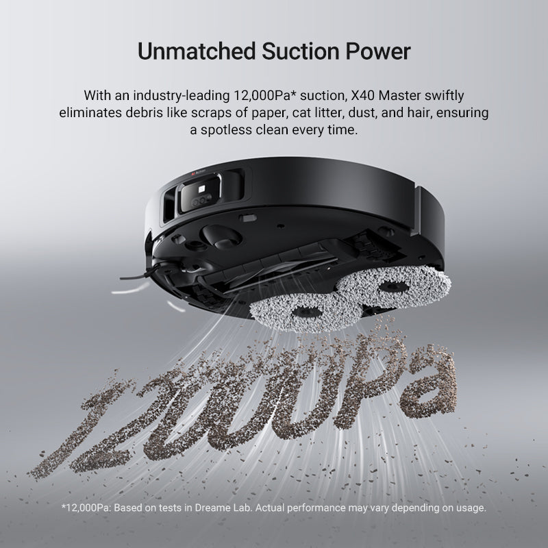 Dreame X40 Master Robot Vacuum showcasing 12,000Pa suction power for effective cleaning.