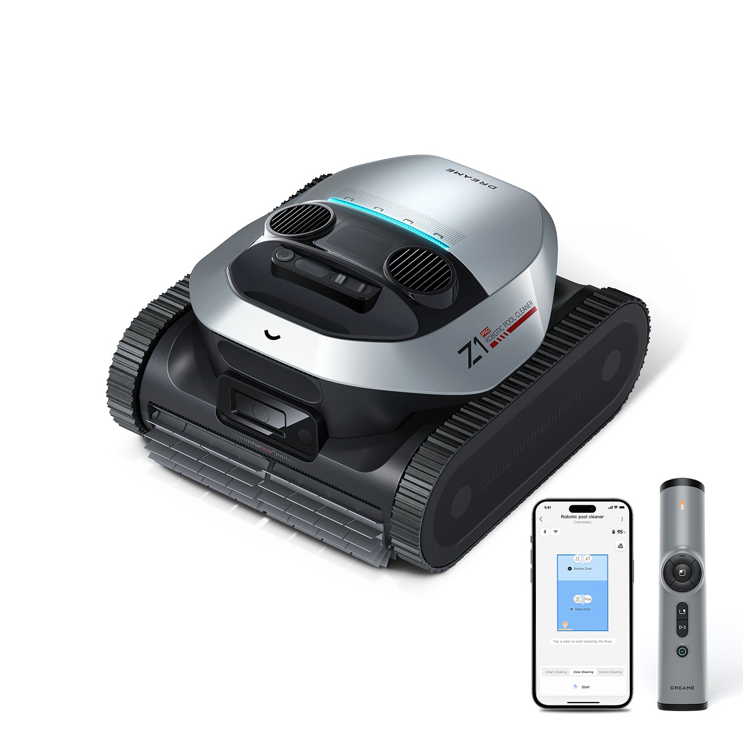 Spring sale spotlight on the Dreame Z1 Pro robotic pool cleaner with smartphone control, remote, and wall-climbing pool care.