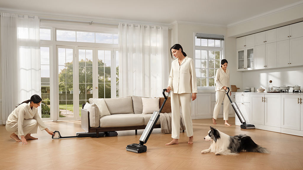 Aero Pro cordless wet dry vacuum cleaning across a hardwood floor on one charge.