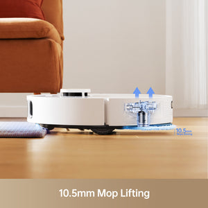 Dreame L10s Pro with 10.5mm mop lifting feature on a wooden floor near a sofa.