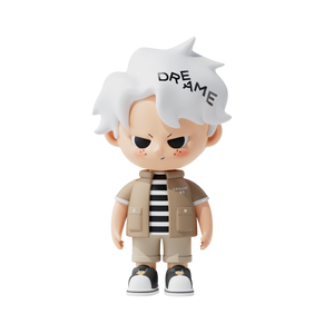 Dream Boy blind box figure with white hair, beige outfit, and cool expression.