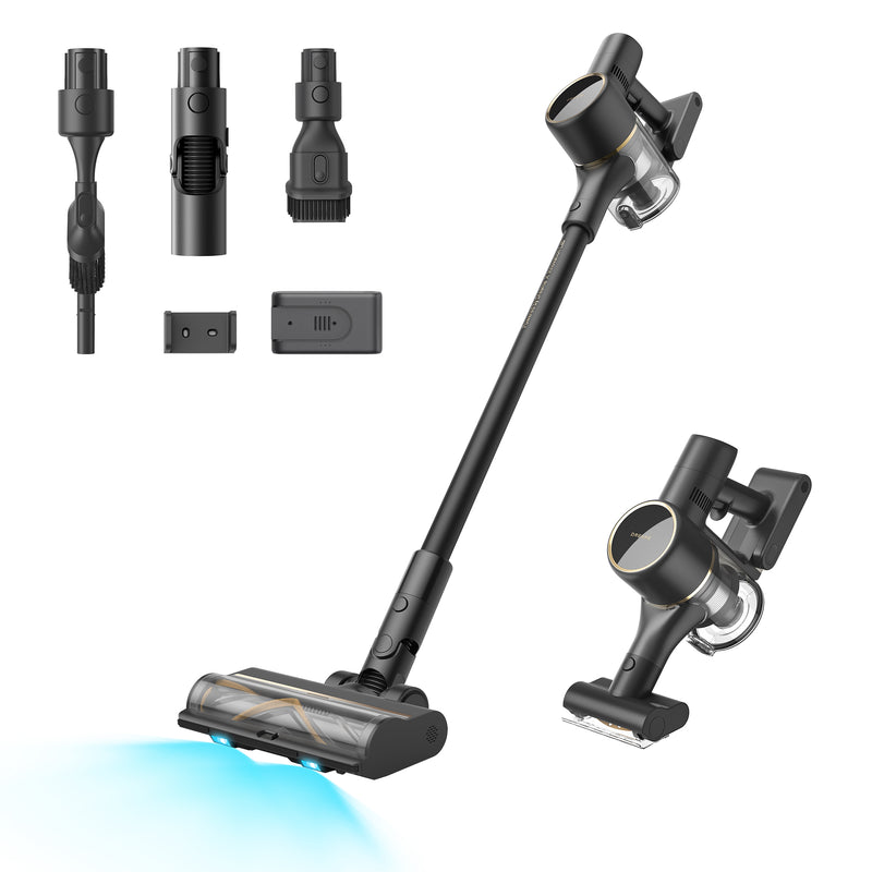Spring sale highlight on the Dreame R20 Pure cordless vacuum with attachments, battery, and blue light floor cleaning.