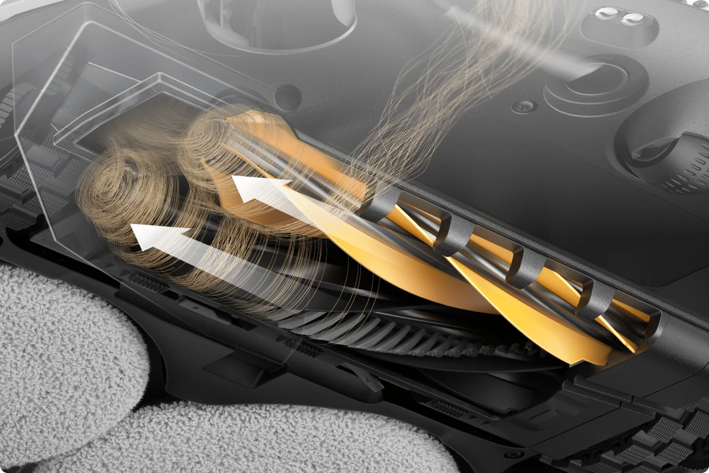 Close-up of a Dreame anti-tangle brush roller staying clear of long hair and pet fur.