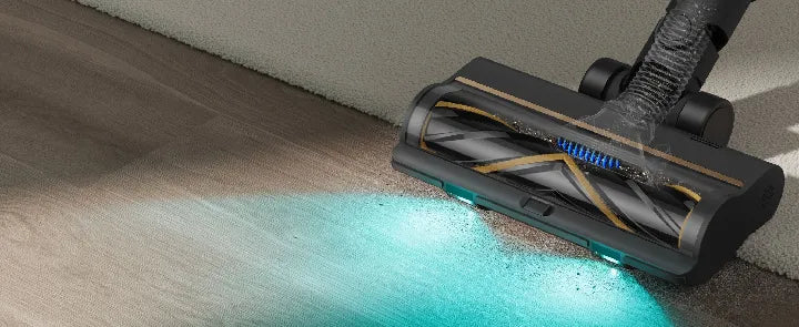 Cordless stick vacuum LED screen showing automatic suction mode.