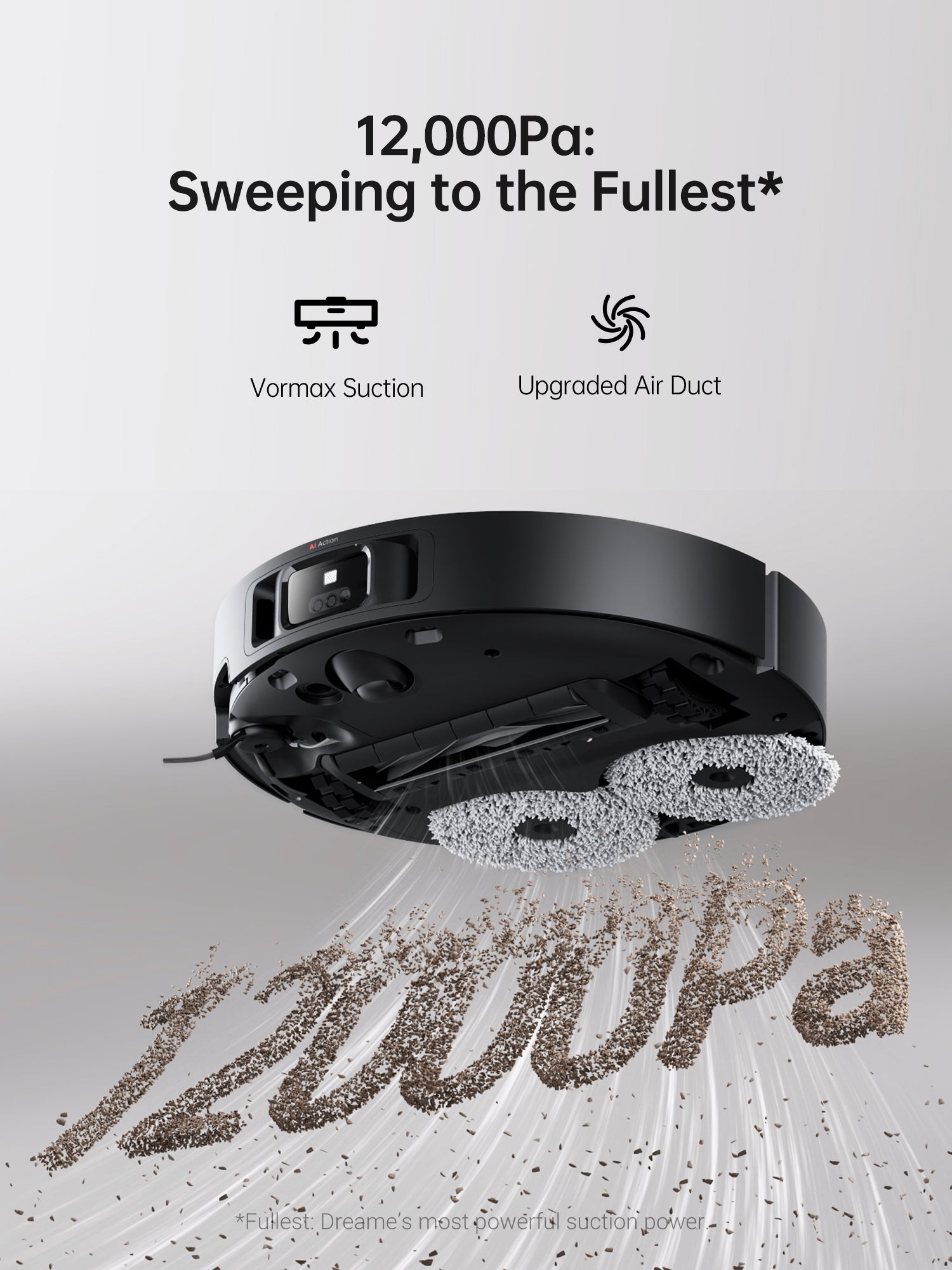 Dreame X40 Ultra Robot Vacuum showcasing 12,000Pa suction power against debris.