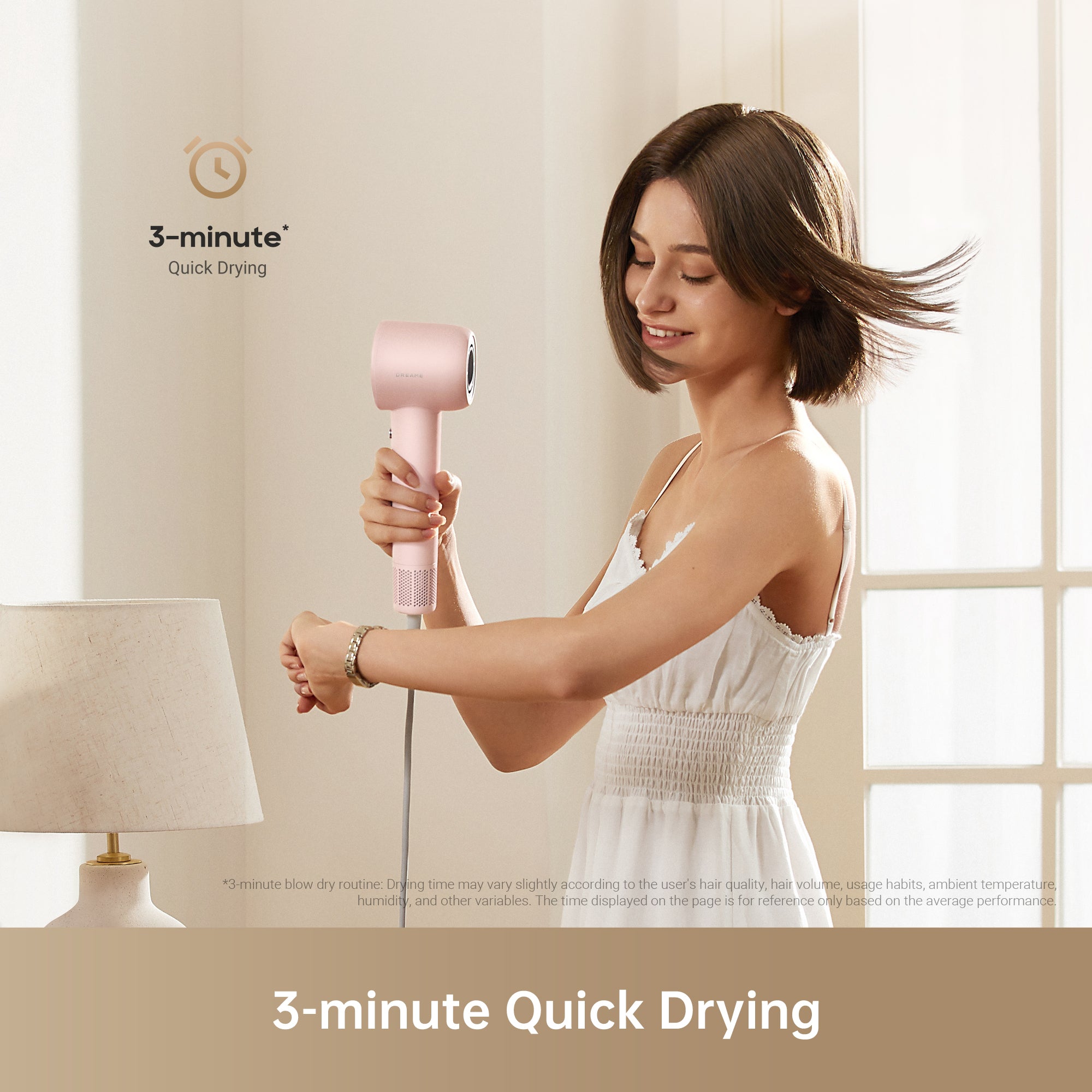 Woman using Dreame Hair Gleam pink hair dryer highlighting 3-minute quick drying feature.