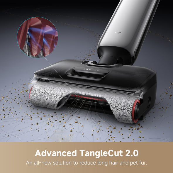 Anti-tangle roller on Dreame Aero Pro reduces long hair and pet fur.