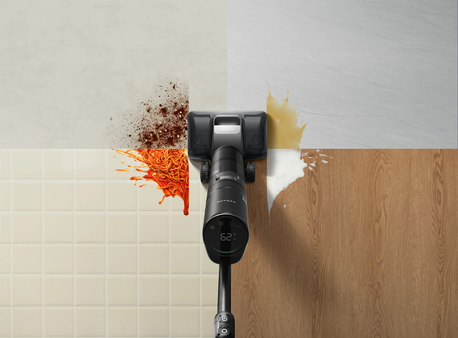 Cordless wet dry vacuum lifting wet spills and dry debris in one pass.