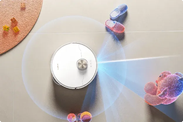 A Dreame white robot vacuum using AI vision to detect and avoid slippers and toys on a tile floor.