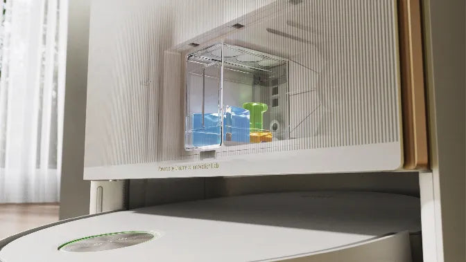 Robot vacuum docking station holding its clean-water tank and cleaning-solution bottles