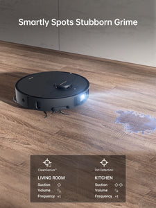 Dreame X40 Ultra Robot Vacuum highlighting a stain with dirt detection technology.