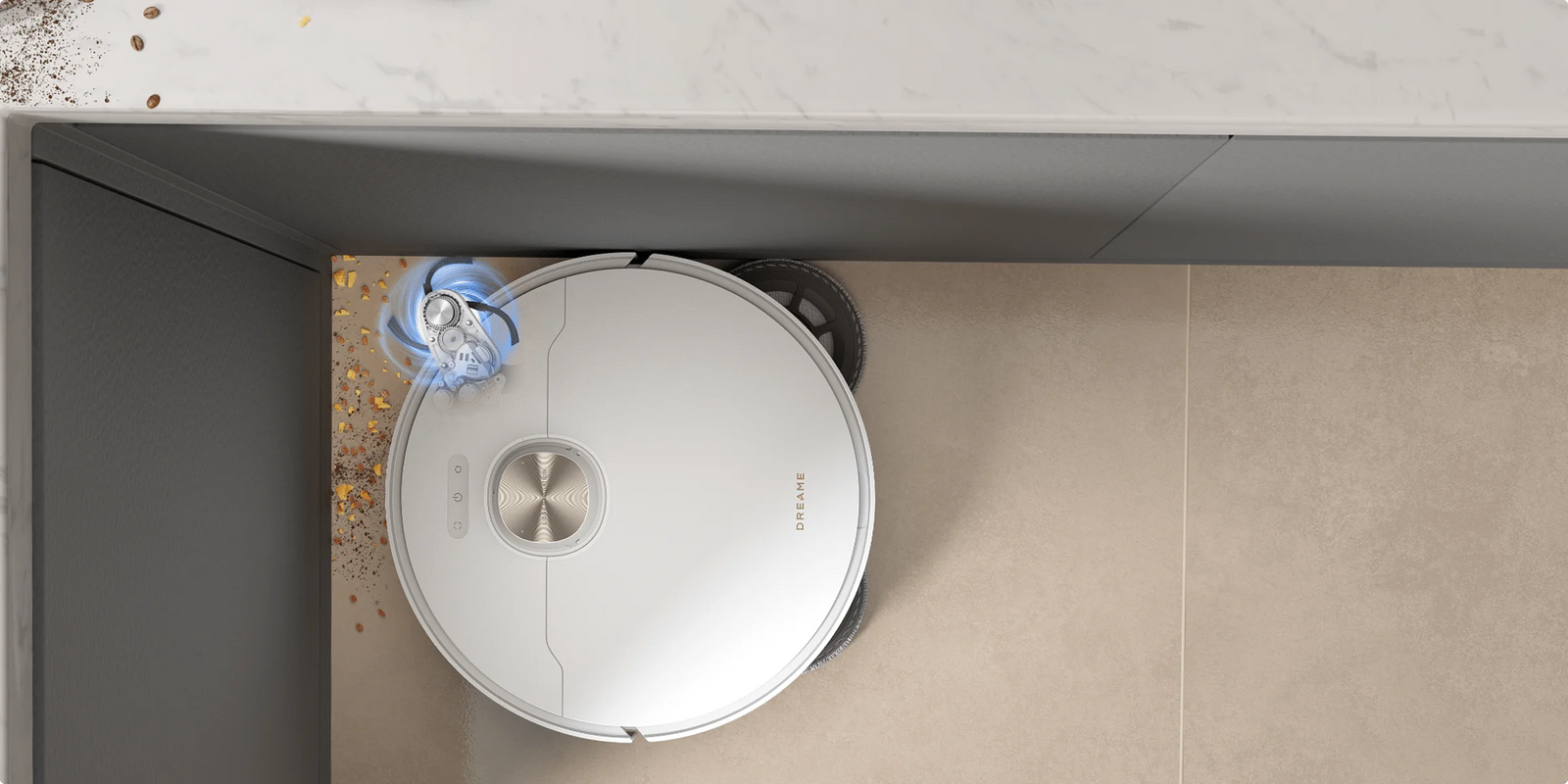 Dreame vacuum cleaner extending its mop and arm to clean into a corner.