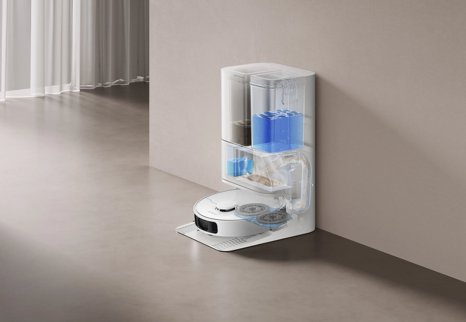 Dreame L40s Ultra CE robot vacuum in its All-in-One PowerDock, showing water tanks and dust bag.