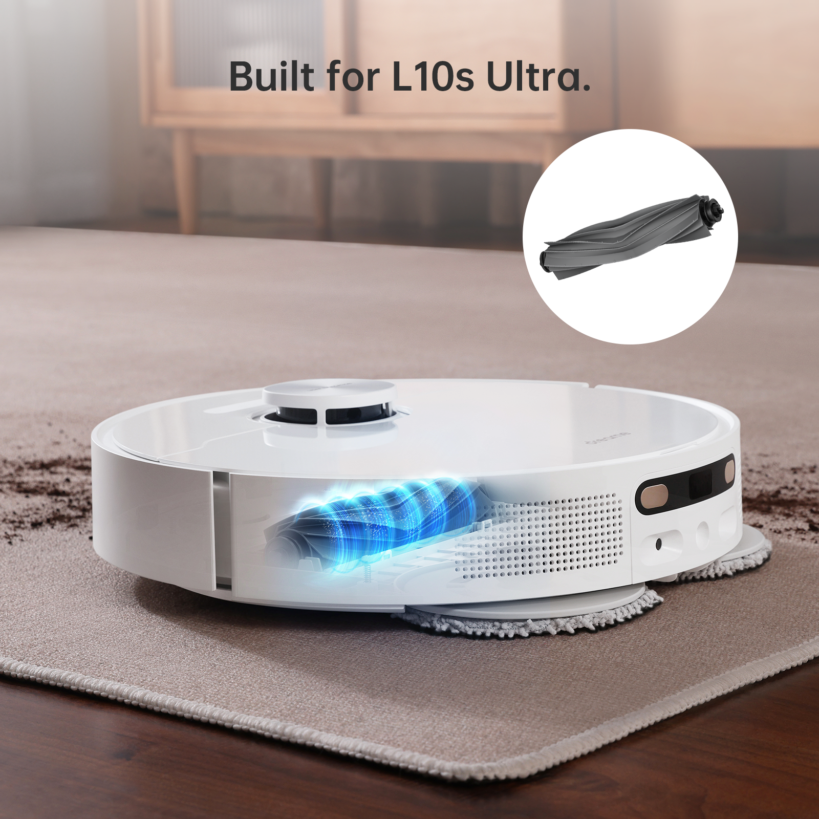 Dreame L20 Ultra robot vacuum with roller brush on a carpeted floor.