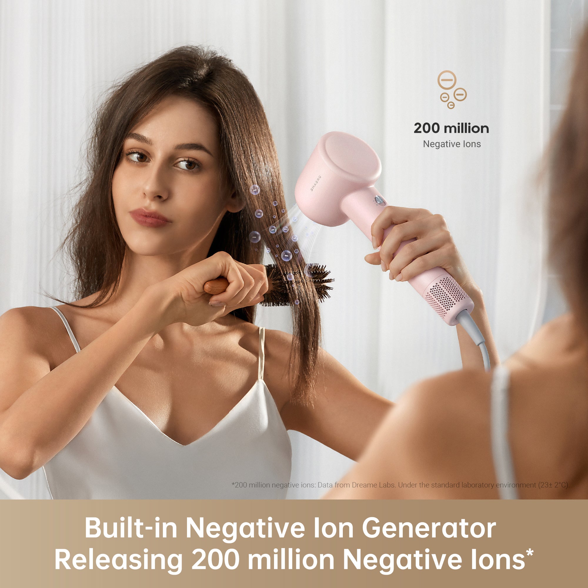 Woman using Dreame Hair Gleam hair dryer with built-in negative ion generator.