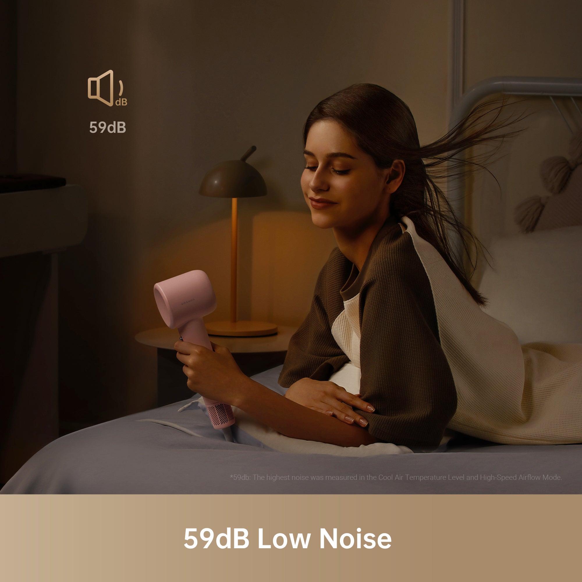 Dreame Hair Gleam hair dryer operating at low noise level of 59dB.
