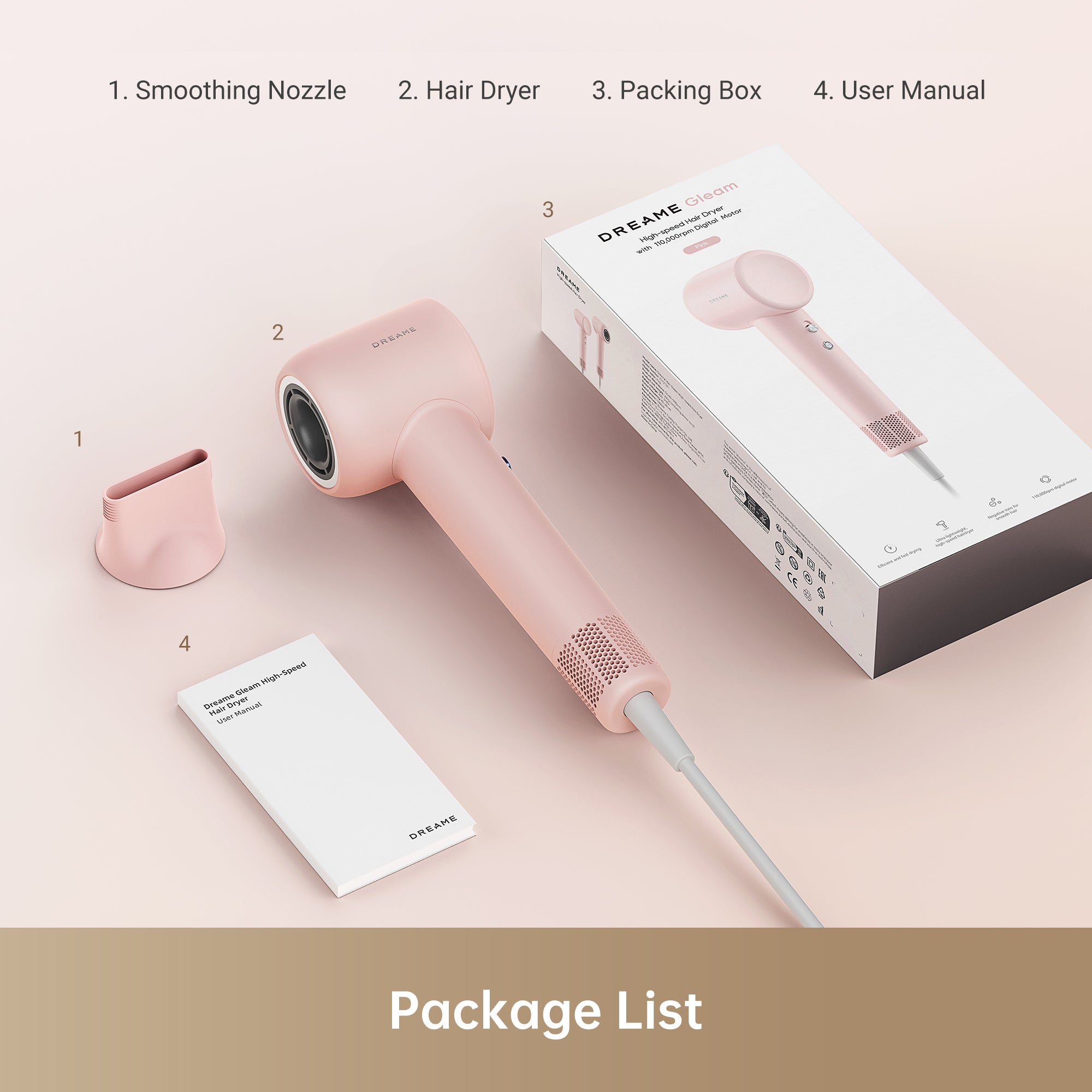 Dreame Hair Gleam hair dryer in pink with accessible user manual and smoothing nozzle