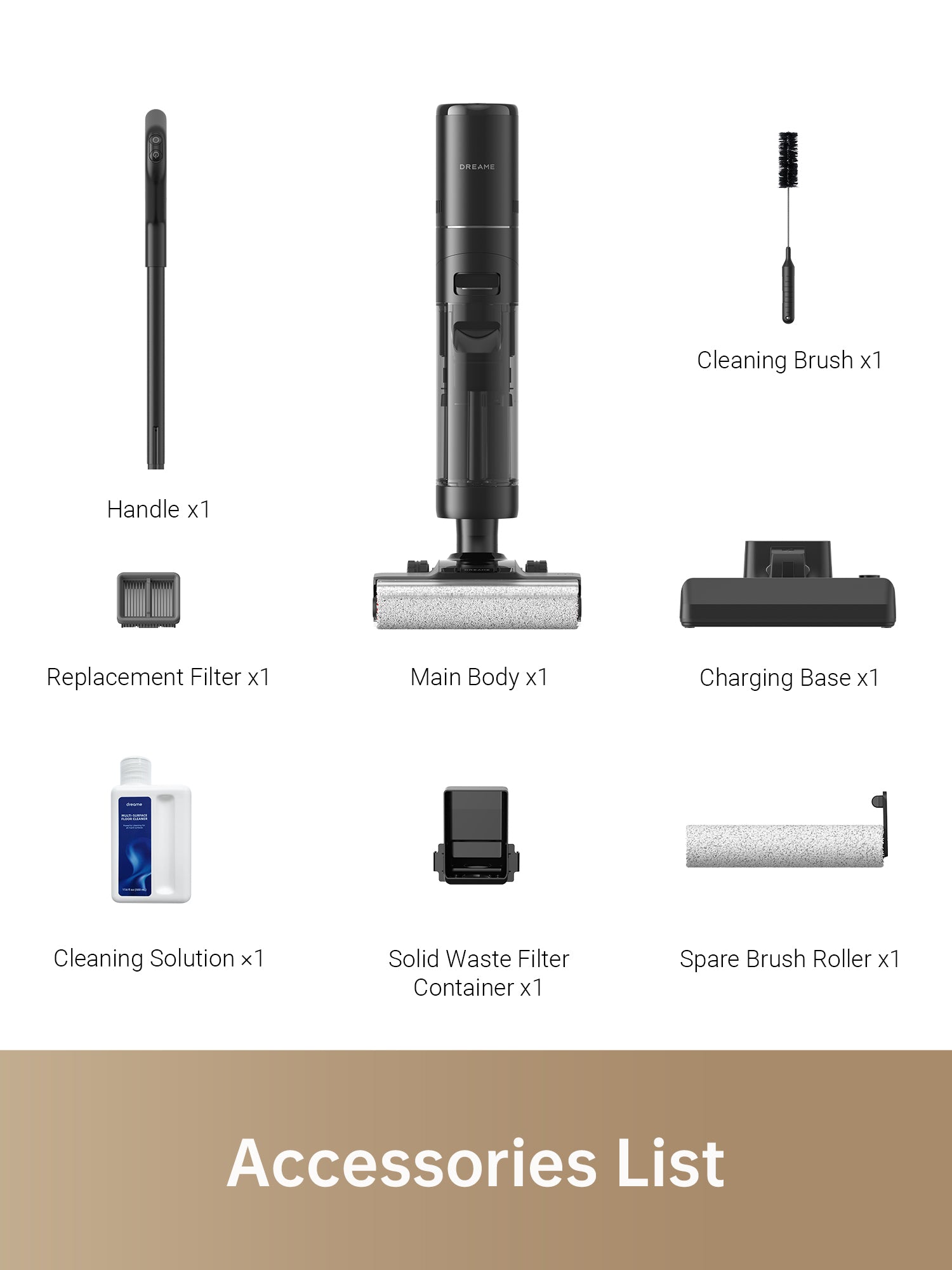 Dreame H13 Pro vacuum accessory list with handle, filter, cleaning brush, and charging base.