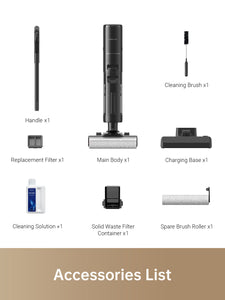 Dreame H13 Pro vacuum accessory list with handle, filter, cleaning brush, and charging base.