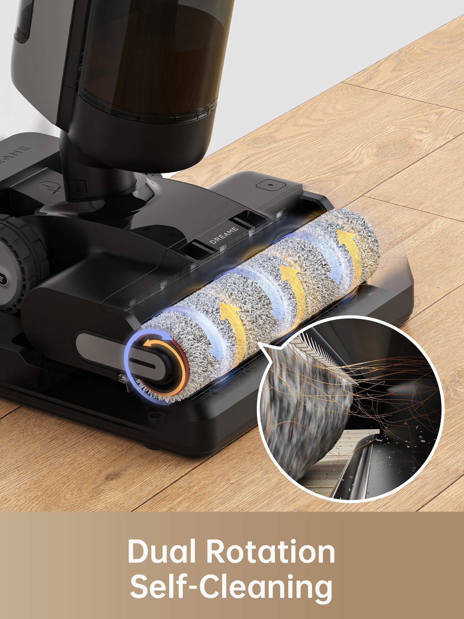 Dreame H13 Pro vacuum's dual rotation self-cleaning roller brush in action