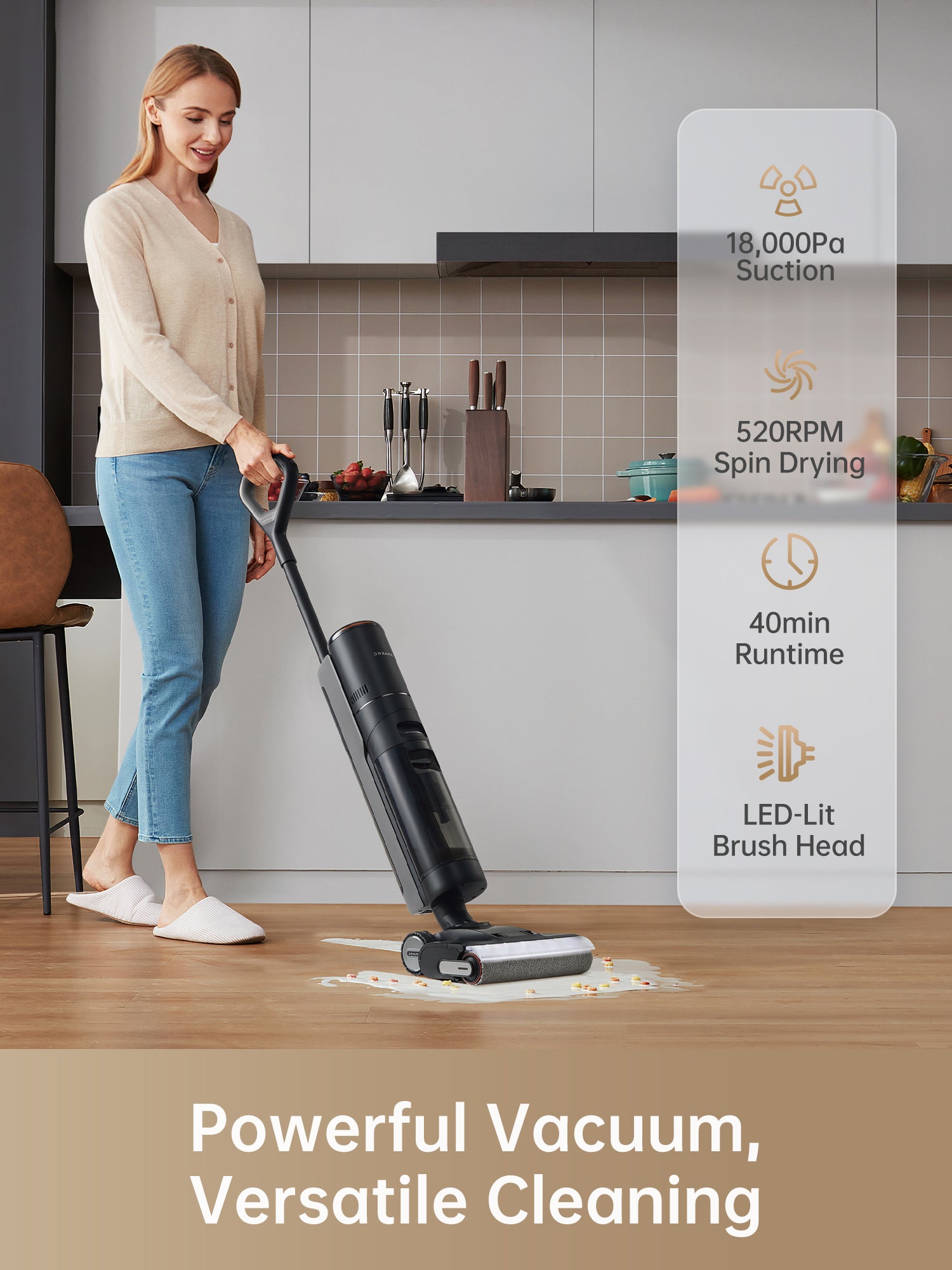 Woman using Dreame H13 Pro vacuum in a modern kitchen with key features displayed