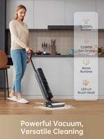 Load image into Gallery viewer, Woman using Dreame H13 Pro vacuum in a modern kitchen with key features displayed
