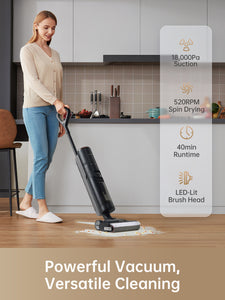 Woman using Dreame H13 Pro vacuum in a modern kitchen with key features displayed