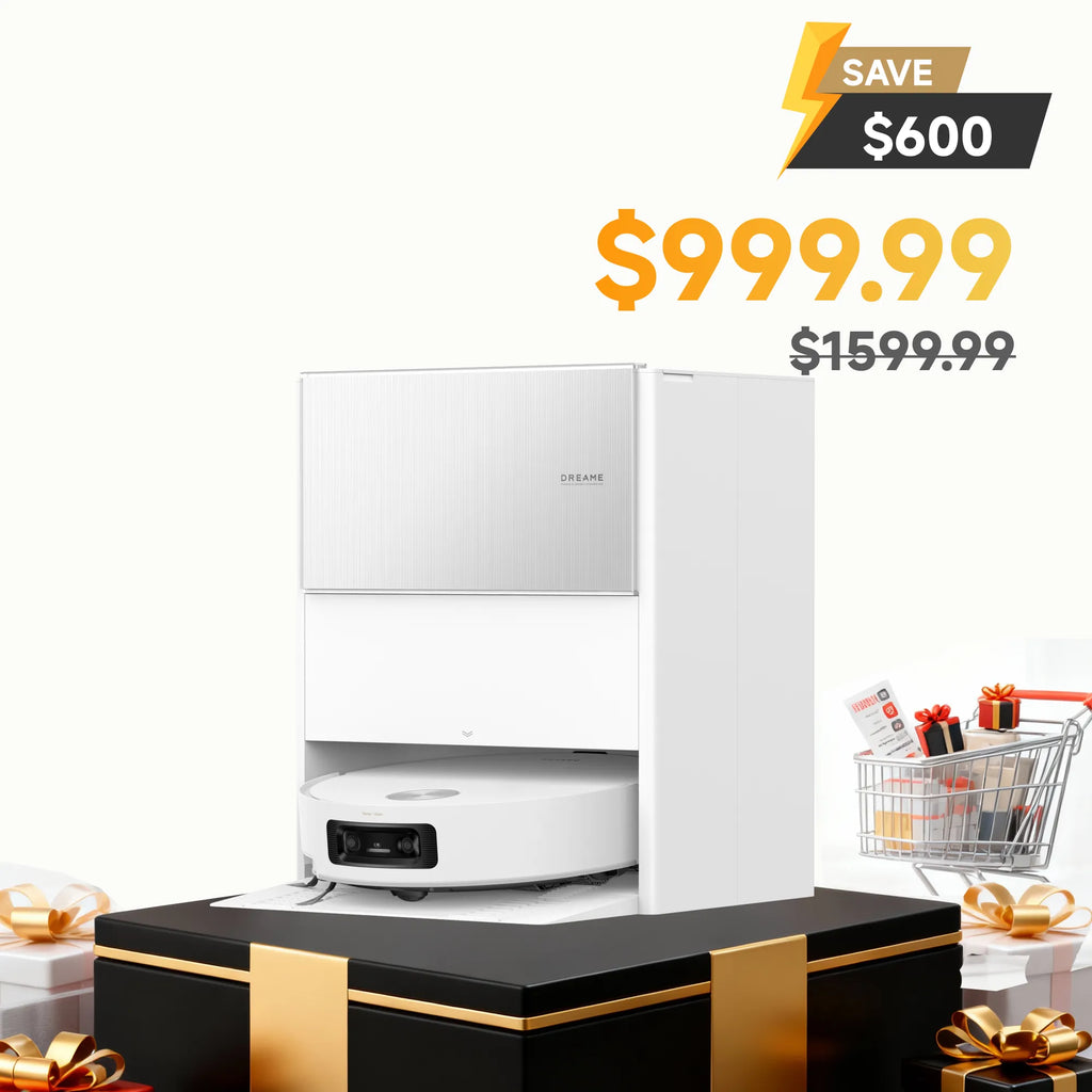 Dreame robot vacuum and mop cleaning crumbs near a child and pet on a cozy sofa, illustrating family and pet-friendly smart cleaning.