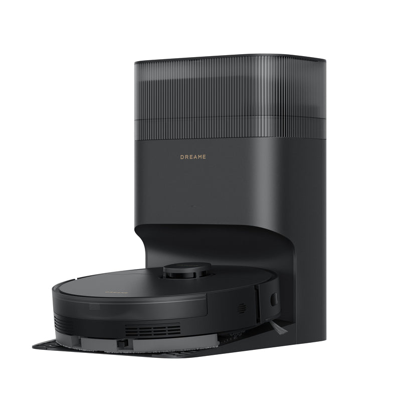 Dreame D20 Plus robot vacuum and mop shown with a black self-empty dock in a full product setup.