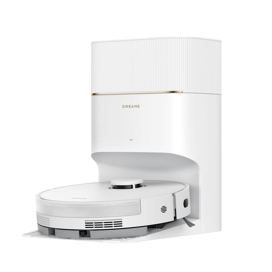 Dreame D20 Pro Plus robot vacuum docked in a white self-empty base station.