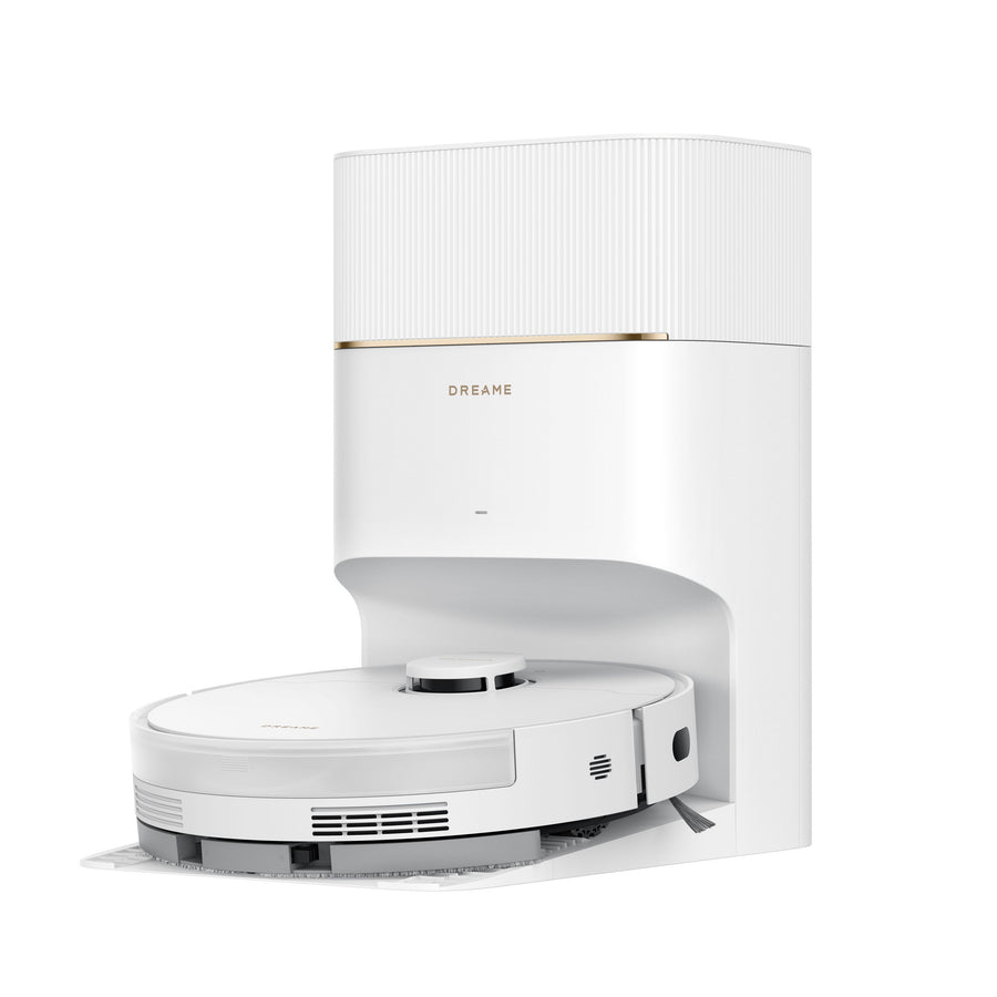 Dreame D20 Pro Plus robot vacuum docked in a white self-empty base station.