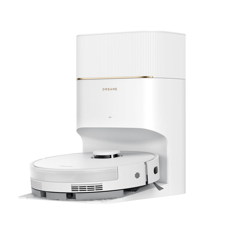 Dreame D20 Pro Plus robot vacuum docked in a white self-empty base station.