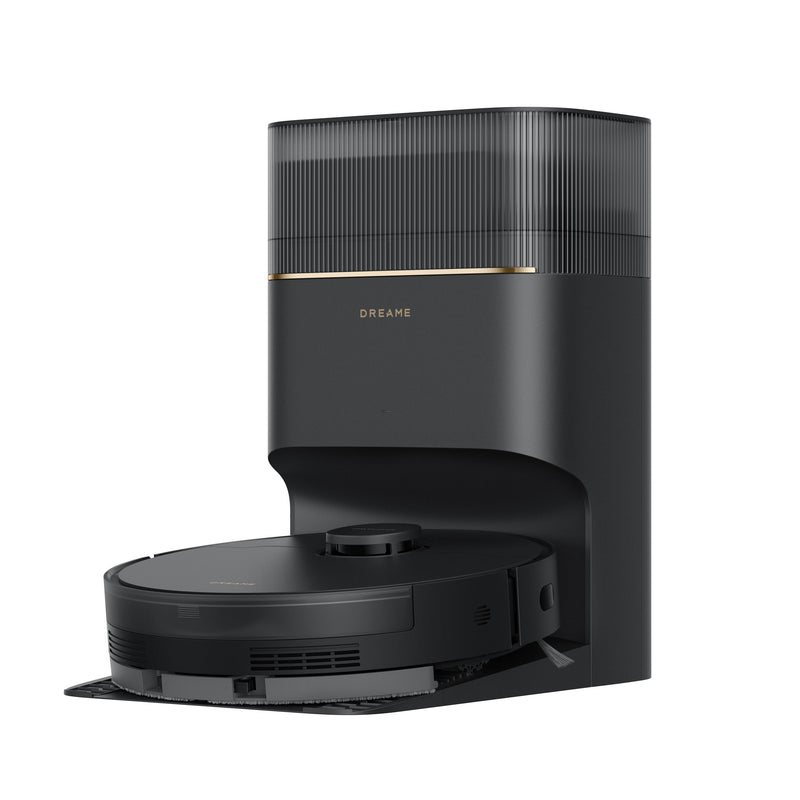 Black Dreame D20 Pro Plus self-emptying robot vacuum and base, angled product shot.