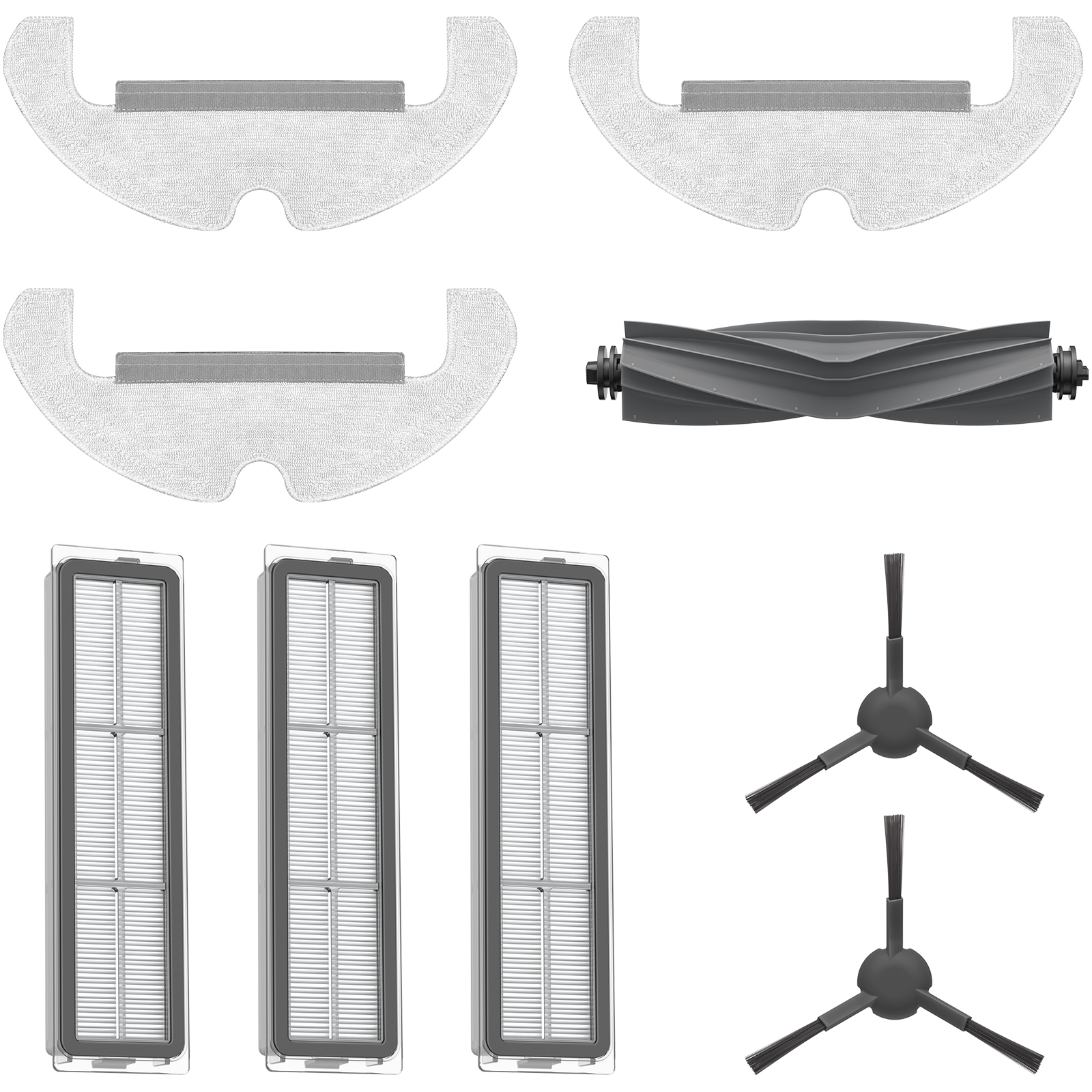 Dreame D10s Plus accessory kit with main brush, side brushes, dust box filters, and mop pads
