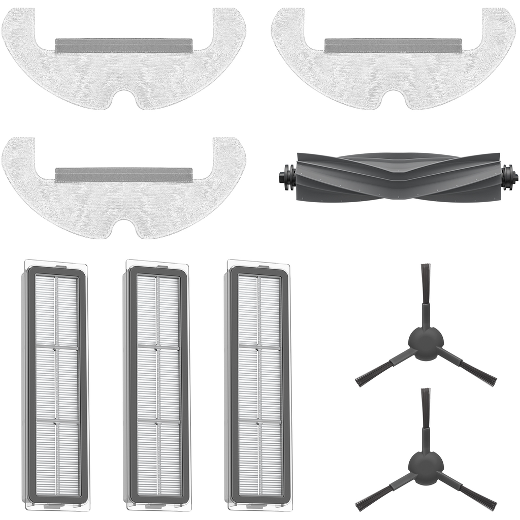 Dreame D10s Plus accessory kit with main brush, side brushes, dust box filters, and mop pads