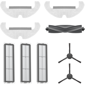 Dreame D10s Plus accessory kit with main brush, side brushes, dust box filters, and mop pads