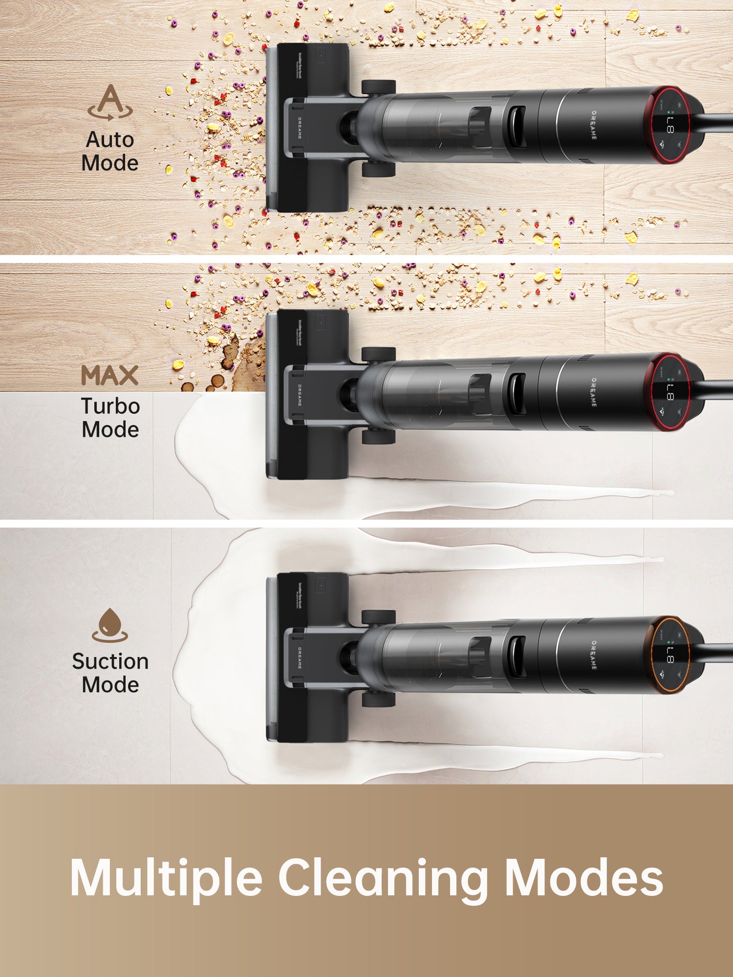 Dreame H12s vacuum showcasing multiple cleaning modes: Auto, MAX Turbo, and Suction.