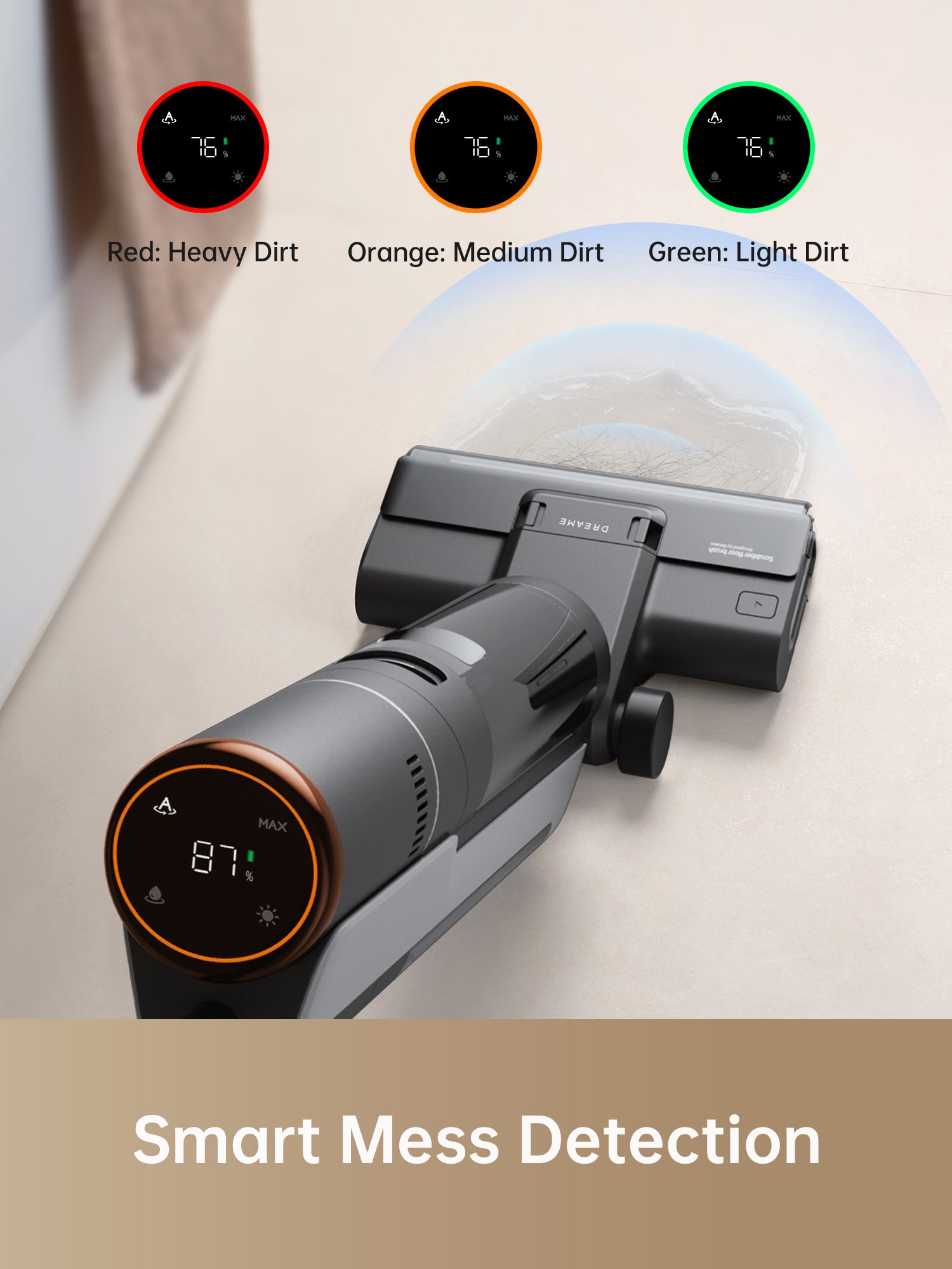 Dreame H12s vacuum displaying smart mess detection indicators on the display.