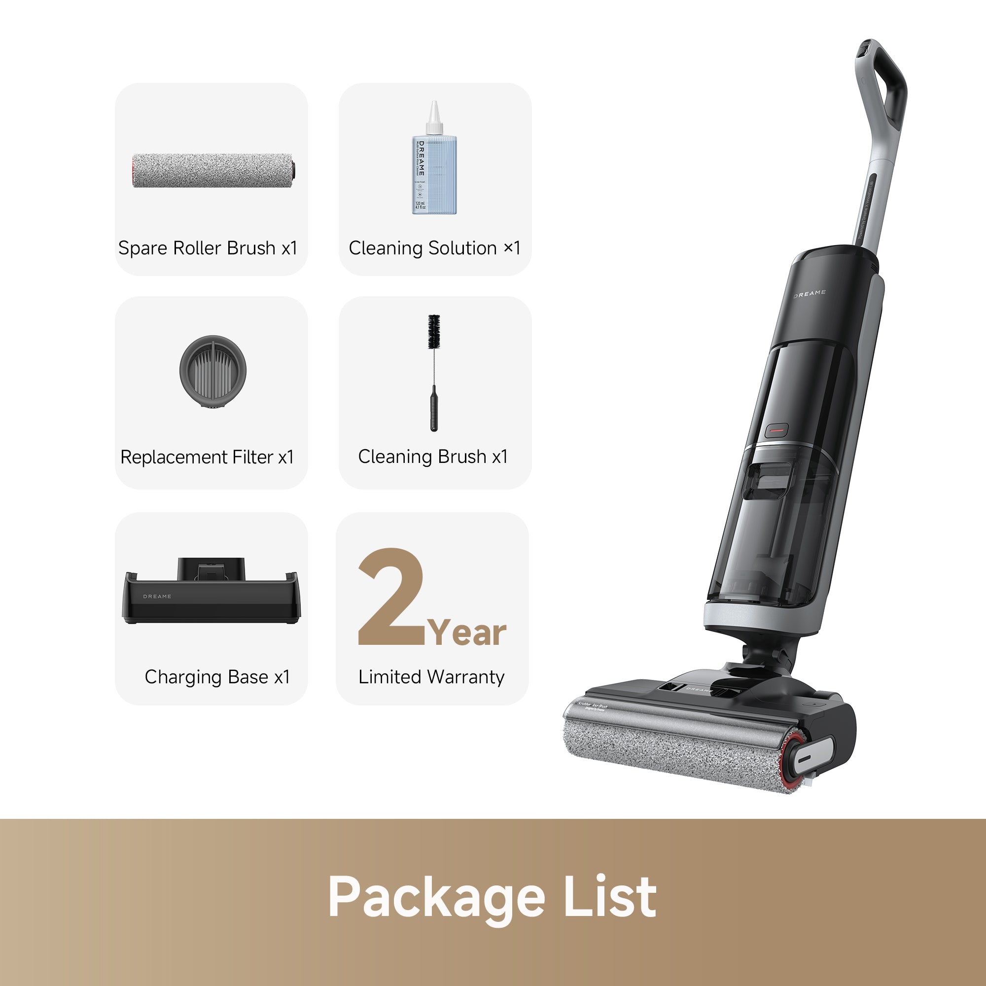 Dreame H14 vacuum package list with accessories and 2-year warranty.