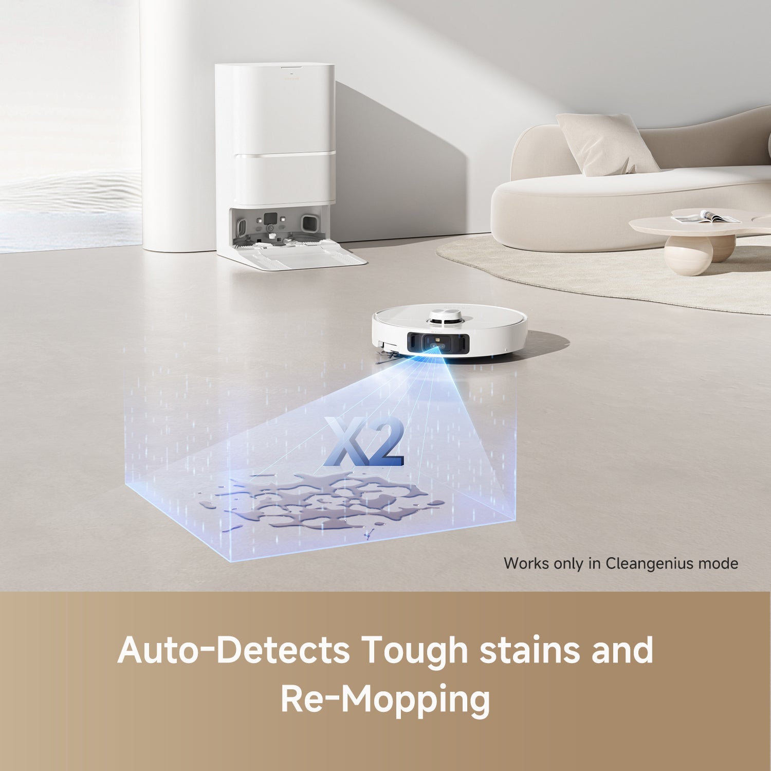 Dreame L40 Ultra Robot Vacuum demonstrating auto-detect feature for tough stains.