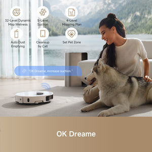 Woman commands Dreame L40 Ultra Robot Vacuum with dog on carpet in a modern setting.