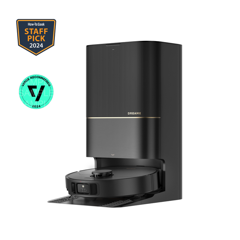 Dreame X40 Ultra Robot Vacuum with hands-free base station and award marks.