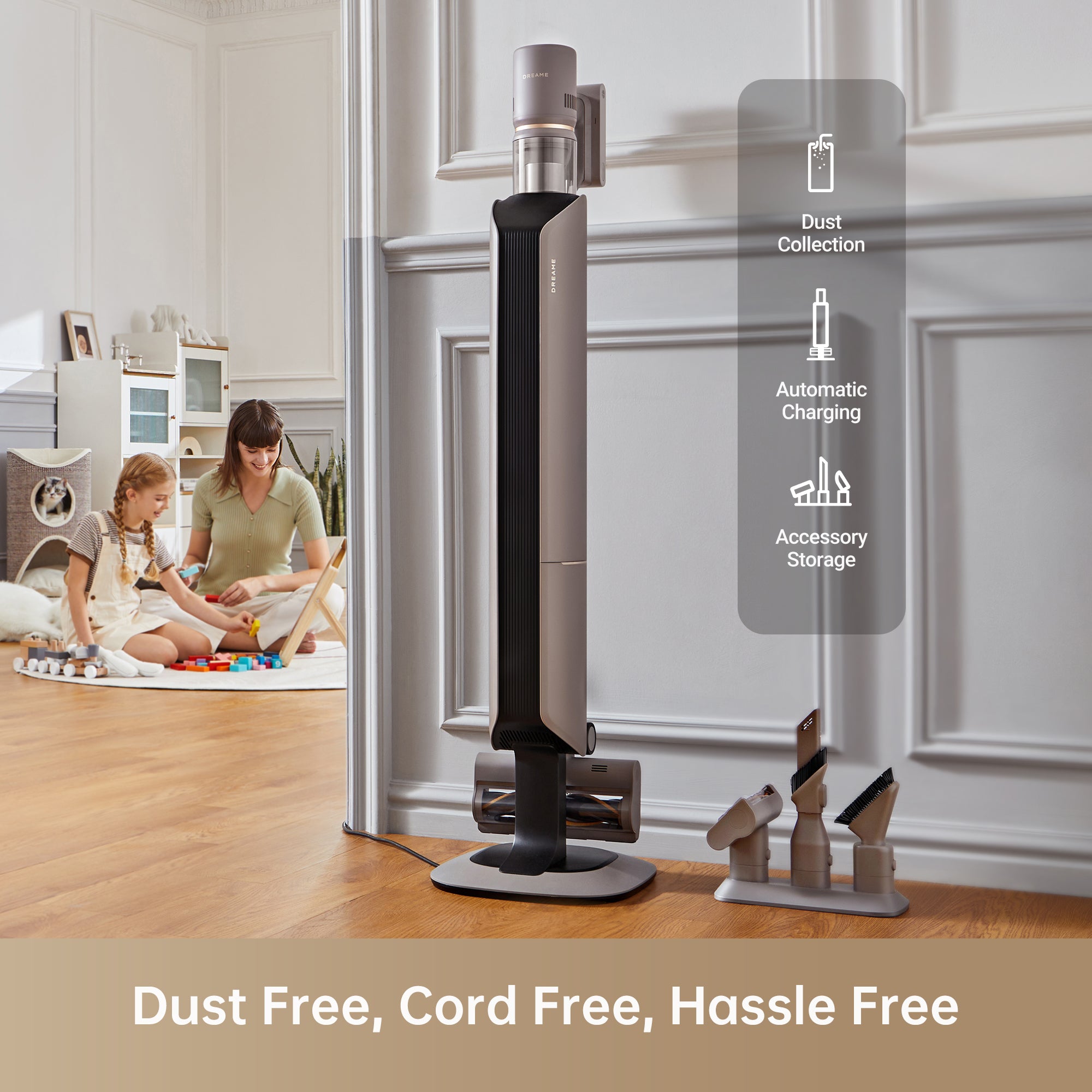 Dreame Z10 Station cordless stick vacuum with attachment storage in a modern home.