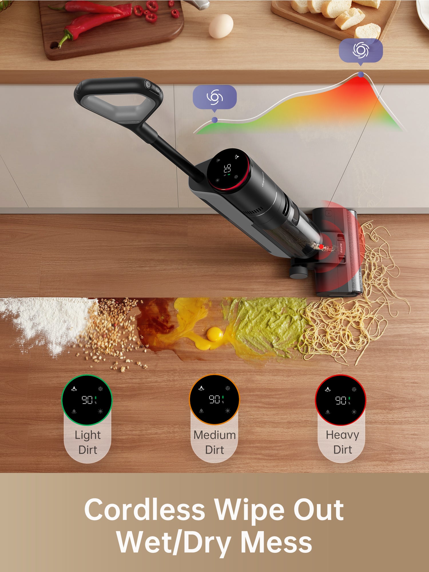 Dreame H12 Pro cleaning up wet and dry messes on kitchen floor with smart sensor